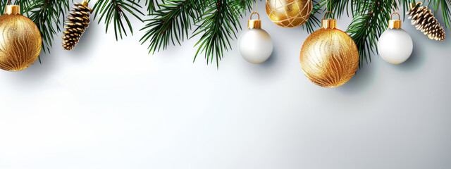 Elegant Christmas Decorations with Gold and White Ornaments on Pine Branches. Holiday Banner Concept.