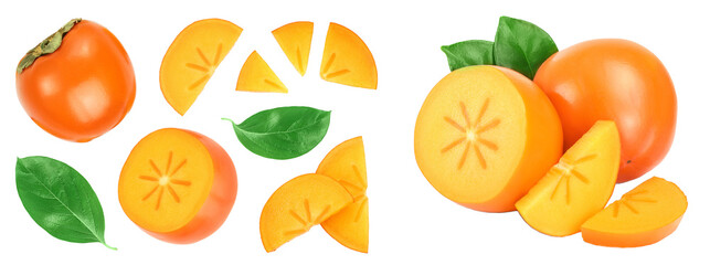 persimmon fruit isolated on white background. Top view. Flat lay pattern