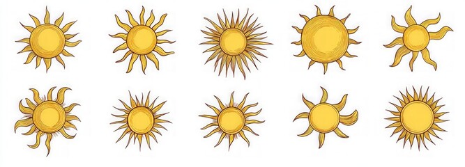 Hand-Drawn Yellow Sun Icons Set Isolated on White Background