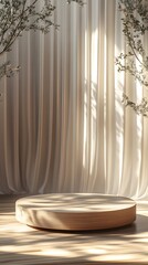 A podium for product presentation, with light wood and beige tones