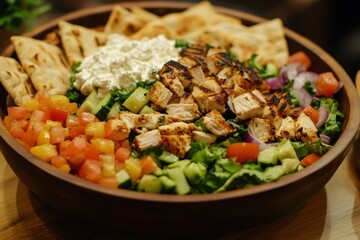 Crispy chicken salad featuring fresh vegetables creamy cheese and pita