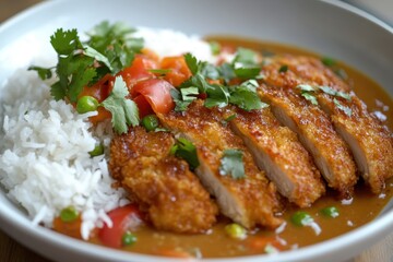 Fototapeta premium Crispy chicken katsu curry with aromatic rice