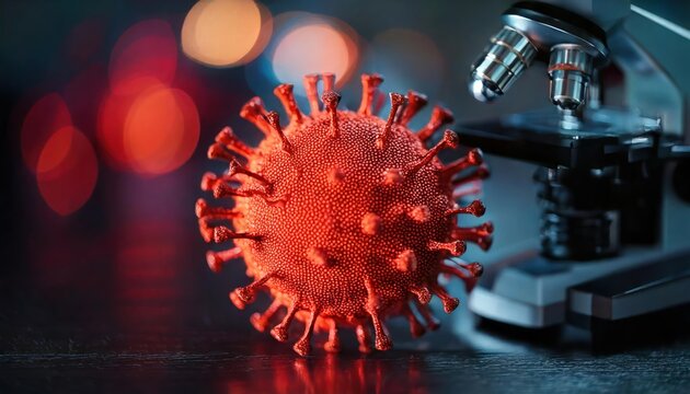 Coronavirus concept. Microscope red virus close up. Neural network ai generated 