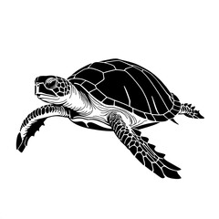 Fototapeta premium Sea Turtle Silhouette: A graceful sea turtle in black and white silhouette, capturing the essence of marine life. This graphic illustration is perfect for nature, wildlife, and ocean-themed designs. 