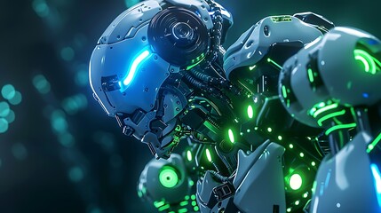 A detailed 3D model of a high-tech robot, with glowing blue and green lights highlighting its joints