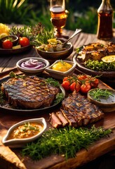 sizzling platter grilled meat garnished smoky served colorful vegetables aromatic spices, appetizer, banquet, barbecue, botanical, chef, charcoal, chili