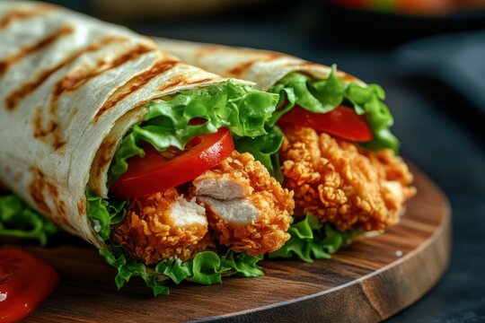 Crispy chicken wrap with lettuce and tomato showcased on a wooden board against a dark backdrop