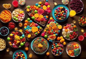 colorful assorted snacks displayed tabletop featuring bold arrangements vibrant presentation ideal parties gatherings, appetizer, bowls, brunch, celebration