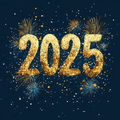 Bright Golden 2025 Numbers with Fireworks Display