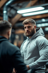 Obraz premium Two men engage in an intense conversation in a gym setting, focusing on weight loss, exercise techniques, and fitness goals while training together