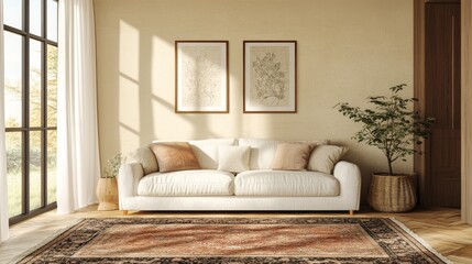 Modern living room interior showcases a white sofa adorned with pillows, complemented by floor-length windows illuminating the beautiful decor and greenery