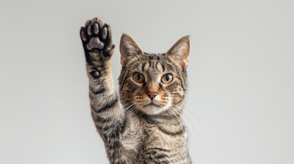 Obraz premium Tabby Cat Raising Paw in a Playful Pose