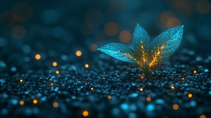 digital rendering of a young plant sprouting from the soil, symbolizing growth, renewal, and the fusion of nature with technology. The vibrant green plant represents hope, innovation, and sustainabili