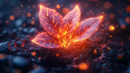 digital rendering of a young plant sprouting from the soil, symbolizing growth, renewal, and the fusion of nature with technology. The vibrant green plant represents hope, innovation, and sustainabili