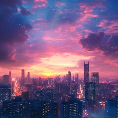 Fototapeta premium Skyline sunset vibrant urban landscape high resolution image