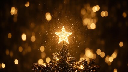 Glowing golden star topper in soft focus Christmas lights