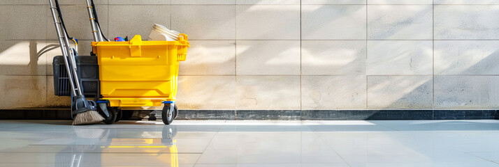 Yellow bucket with cleaning brush and mop