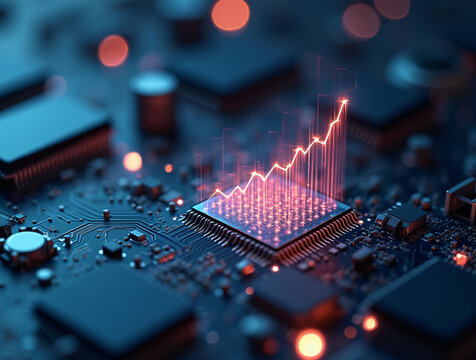 Digital financial chart with an upward trend on a technology and cryptocurrency background.