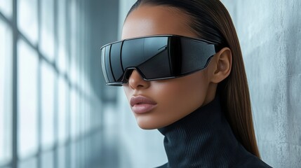 Portrait of a woman in futuristic black sunglasses and a sleek outfit