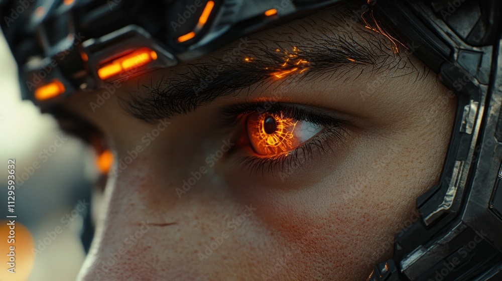 Poster a detailed view of an advanced tech eye with an intense orange glow, suggesting high-tech innovation