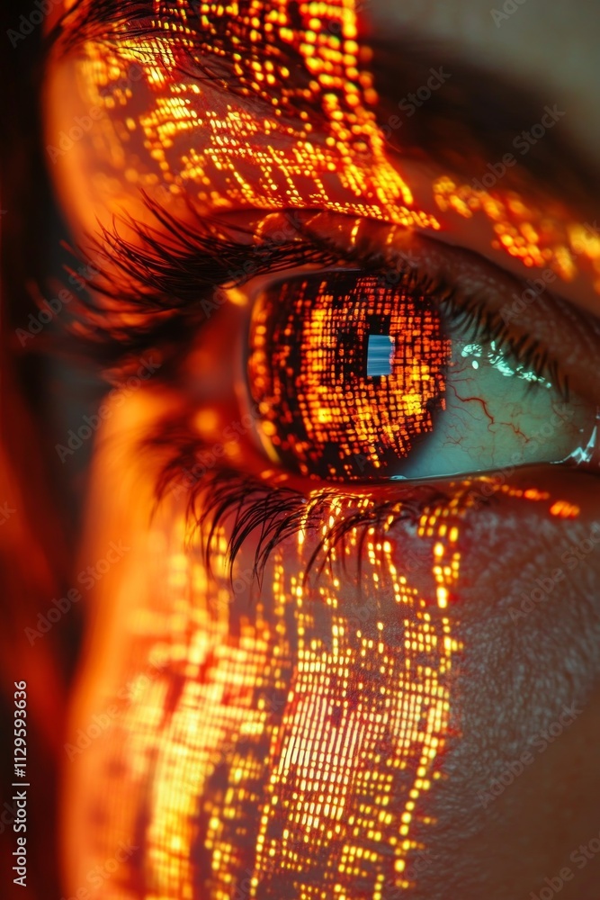 Poster a detailed view of a human eye displaying vibrant orange and blue data patterns, symbolizing the int