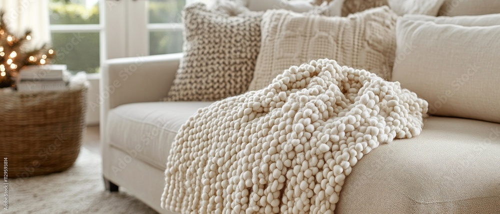 Poster a welcoming living room features a soft sofa adorned with a knitted throw blanket, creating an invit