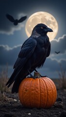 Fototapeta premium A crow perches on a Halloween pumpkin amidst a scary night scene with clouds a full moon and bats flying