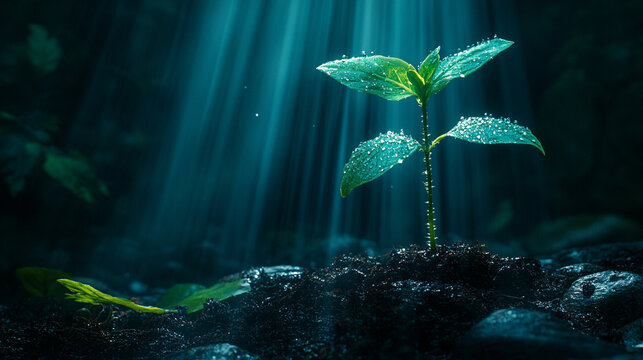 digital rendering of a young plant sprouting from the soil, symbolizing growth, renewal, and the fusion of nature with technology. The vibrant green plant represents hope, innovation, and sustainabili