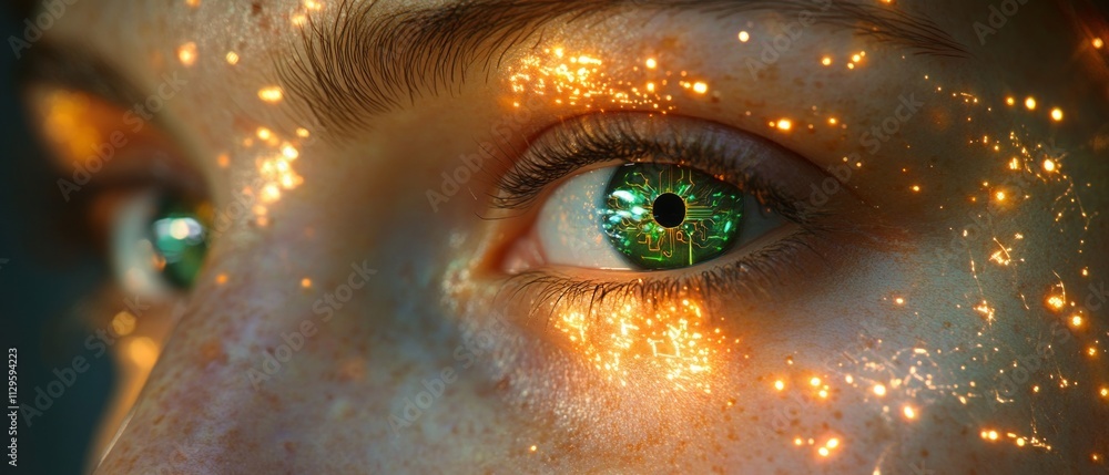 Aufkleber a close-up of a person's eye features glowing patterns and colorful reflections, emphasizing a blend
