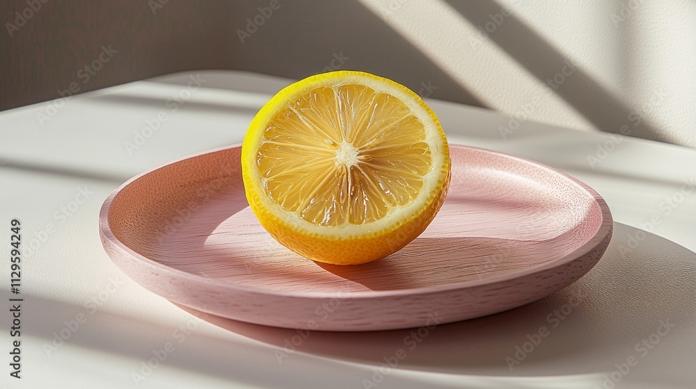 Poster bright morning light casts delicate shadows across a sliced lemon resting on a pale pink plate. the 