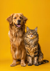 Fototapeta premium Golden retriever and maine coon cat sitting together on yellow background