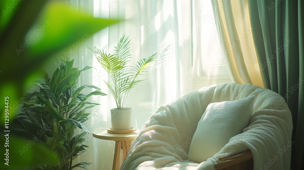 Aufkleber a relaxing space with a plush chair and cozy blanket is illuminated by soft natural light, creating 