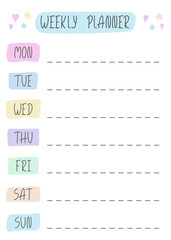 Cute Weekly planner Template. Blank Personal Organizer for notes to do. Planner in Doodle style for Girls