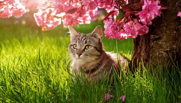 Felidae cat with whiskers sitting under tree with pink flowers. A small Felidae carnivore