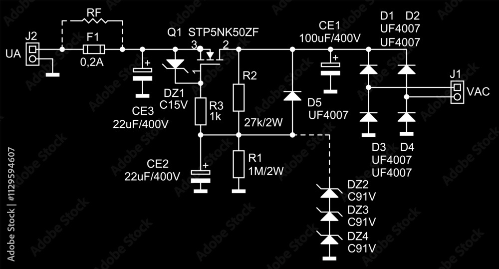 Poster schematic diagram of analog electronic device on paper sheet. vector drawing electrical circuit with