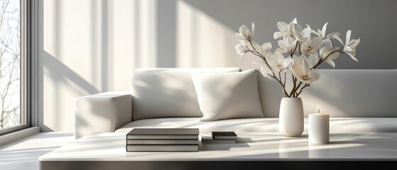 Soft natural light fills a minimalist living room featuring a white couch, decorative flowers, and a simple coffee table stacked with books and a candle