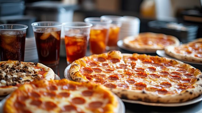 Table filled with a variety of pizzas and drinks for a gathering