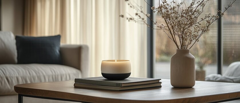 Soft natural light fills the cozy living room with a wooden table, a candle, stacked books, and a minimalist vase of dried flowers, creating serenity