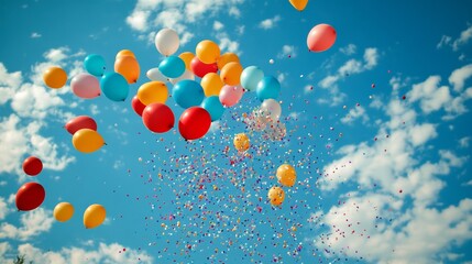 Fototapeta premium Colorful balloons floating in a clear blue sky