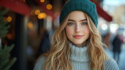 Young woman in a cozy winter outfit smiling outdoors