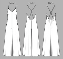 Vector woman V neck jumpsuit technical drawing, sleeveless jersey jumpsuit with opened back fashion CAD, straight wide legs jumpsuit template, flat, sketch.Jersey or woven fabric jumpsuit, white color