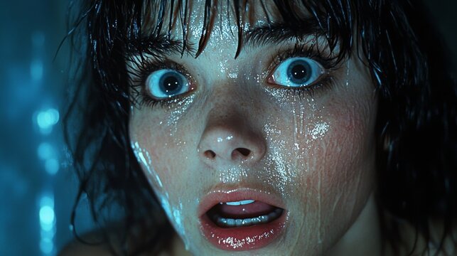 Frightened woman with wide eyes in a suspenseful scene