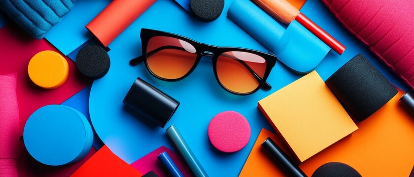 Brightly colored accessories and sunglasses are arranged creatively on a vibrant background, reflecting a lively mood for April Fool's Day gatherings
