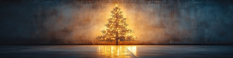 Solitary Christmas Tree at Sunset on Calm Water, Realistic Scene on Floating Platform