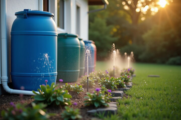 Obraz premium Drip irrigation system in a vegetable garden with colorful barrels and blooming flowers. Drip irrigation in vegetable garden