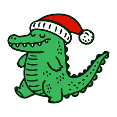 cute walking alligator wearing a Santa hat, Christmas illustration