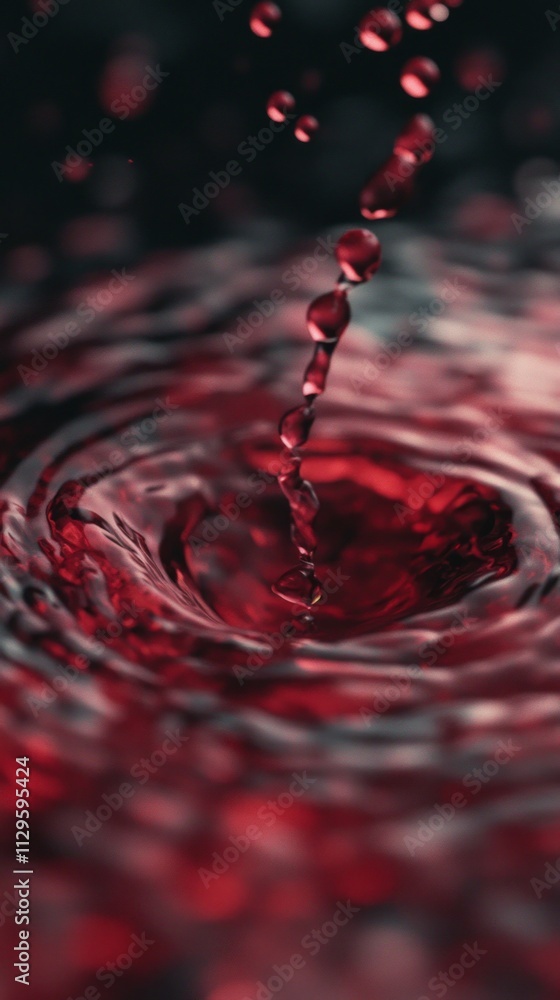 Poster Red liquid creates a stunning visual display as it splashes into a pool, forming intricate ripples and reflecting light in a captivating manner