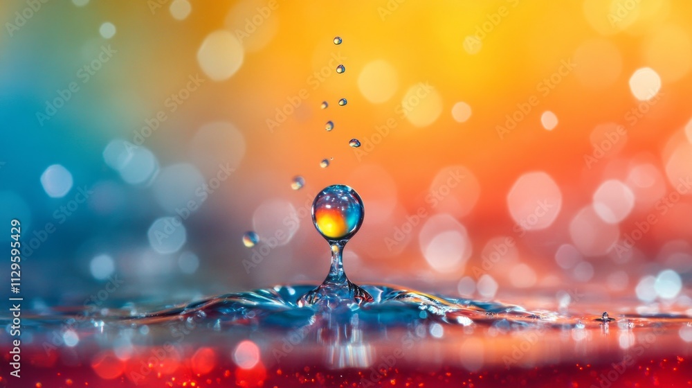 Aufkleber a single water droplet splashes into a colorful surface, creating concentric ripples and showcasing 