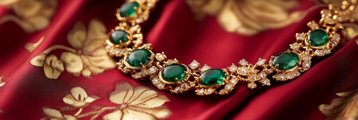 Obraz premium Close-Up of a Gold Necklace with Emerald and Green Gem Accents