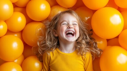 A young child wearing a yellow shirt laughs heartily while surrounded by an array of colorful yellow balls, capturing the spirit of fun during April Fool's Day